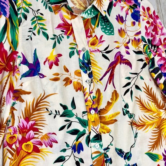 Rachel Roy Bright Multicolor Floral Novelty Linen Blend Button Down Blouse Sz S - Picture 2 of 9